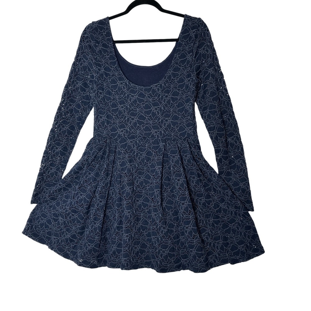 Free People Dress Women Small Lace Navy Blue Stretch Long Sleeve mini Cóctel